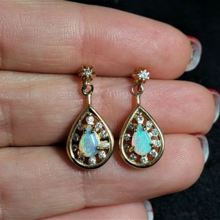 Vintage Diamond Opal 14k Yellow Gold Earrings Drops Dangle Posts Estate Retro 3