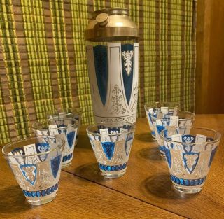 Vtg Mid Century 8 Piece Cocktail Set Blue & White Shaker 7 Matching Glasses
