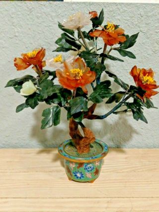 Vintage Chinese Cloisonne Bonsai Tree - Rose Quartz,  Agate,  Jade Flowers