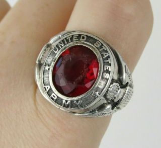 Vtg Us Army Ww2 Sterling Silver Eagle Red Gem Well Worn Ring Size 9