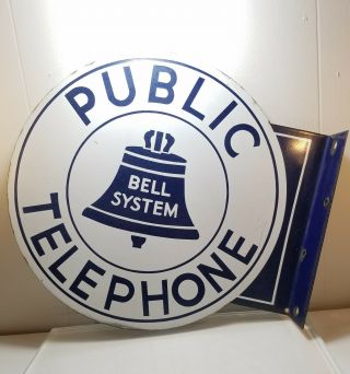 Vintage Double - Sided Porcelain Bell System Public Telephone Sign
