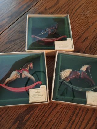 Vintage Hallmark Rocking Horse Ornaments.  Set Of First 3.  1981,  1982,  1983