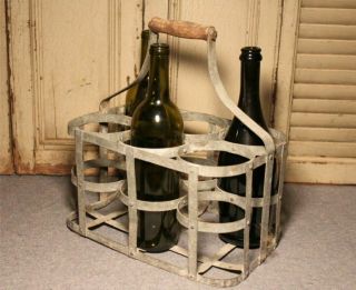 Antique French Metal Wine Carrier For 6 Bottles Wood Handle