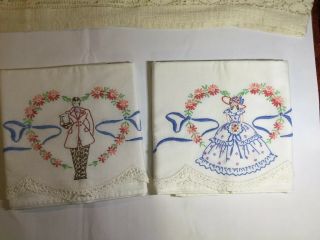 Pair Vtg Pillow Cases Embroidered Southern Belle & Gentleman Crochet Edging
