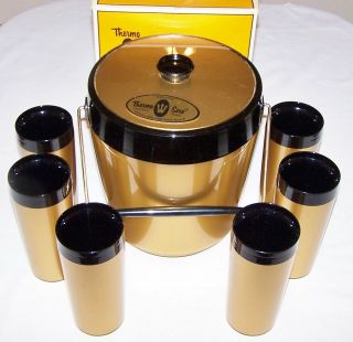 Mid - Century Westbend Thermo Serv Ice Bucket Bar Cooler Atomic Tumbler Set Gold