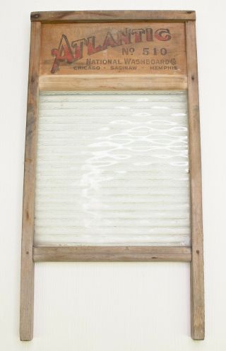 Antique Atlantic National Washboard Co.  No.  510 Wood And Ribbed Glass