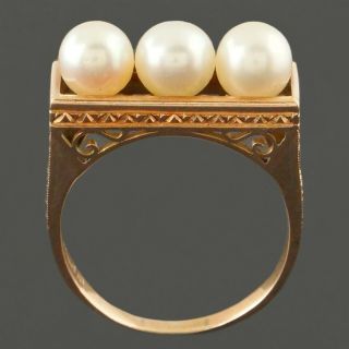 Unique Art Deco,  Solid 14k Rose Gold Filigree & 3 Pearl Estate Ring,  Nr