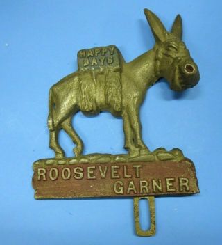 Orig Vintage 1932 Roosevelt - Garner Happy Days Donkey License Topper