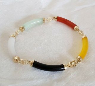 Chinese 14 Ct Yellow Gold Open Work Bracelet.  Set With Multi Coloured Jade