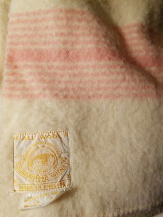 Vintage WITNEY Made in England 100 Wool Blanket Cream & Pink Stripes 60 x 84 3