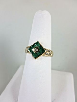 Art Deco Vintage 14k Yellow Gold Emerald Diamond Ring 6