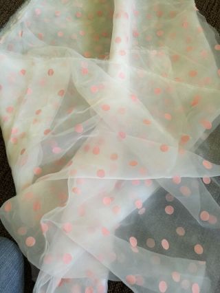 Vintage Sheer Flocked Fabric White Pink Polka Dots Retro 10ft X 57”