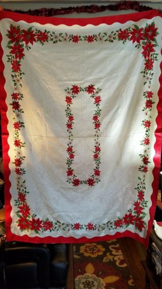 Vintage Rectangle Christmas Table Cloth Red And White Poinsettia With Hollies