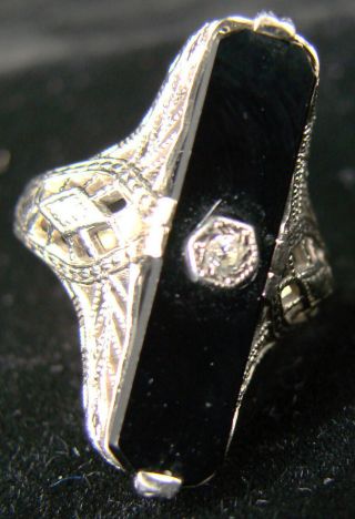 Antique Art Deco Large 14k White Gold Filigree Diamond & Black Onyx Ring Sz 5.  5