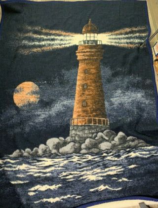 Biederlack Of America Throw Blanket Lighthouse Reversible Night Moon 53 " X73 " Flaw