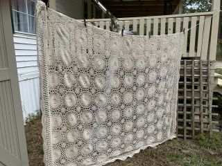 Vintage Hand Crochet Cotton Bedspread.  Tablecloth Beige Cotton 71 X 91