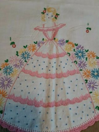 Lovely Vintage Hand Embr/crochet Table Runner/ - Pink Southern Belle 36 " X 16 "