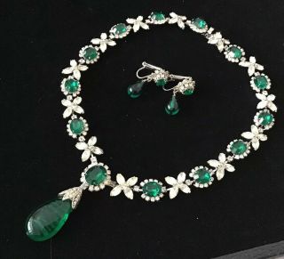 1950s Vintage Dior? Green Emerald Rhinestone Necklace Earrings Set Please Read