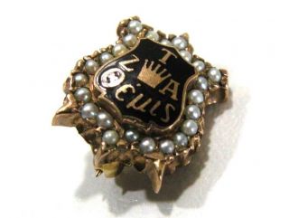 Antique 10k Rose Gold & Seed Pearl Zta Zeta Tau Alpha Sorority Badge Pin Shield