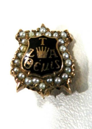 Antique 10K Rose Gold & Seed Pearl ZTA Zeta Tau Alpha Sorority Badge Pin Shield 2