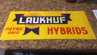 Laukhuf Hybrids Payne OH Vintage Metal Double Sided Advertising Sign 1950 ' s NOS 2