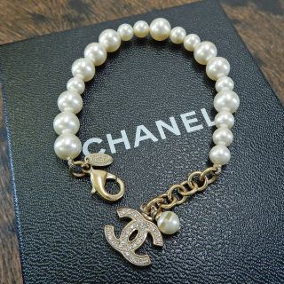Chanel Gold Plated Cc Logos Rhinestone Imitation Pearl Bracelet 5176a Rise - On