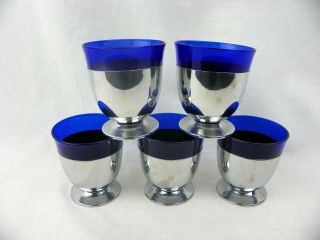 Mid - Century Modern Cobalt Blue Glass & Chrome Cocktail Glasses Set Vintage