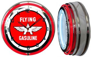 Flying A Gasoline Gas Oil 19 " Double Neon Clock Red Neon Chrome Finish
