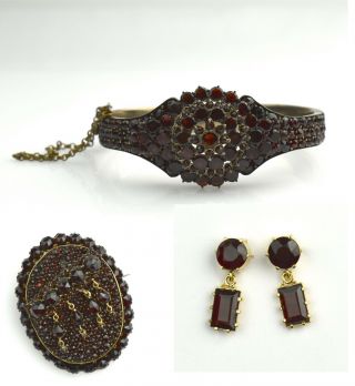 Antique Victorian Garnet Brooch Bracelet Earring Jewelry Set Cp - 1