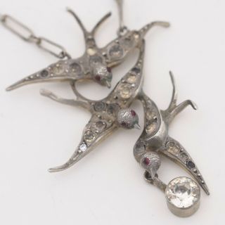 Antique Victorian Swallow Trio Paste Sterling Silver Pendant Dangle Necklace