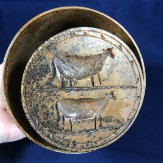 Antique Primitive Wood Butter Stamp Print Mold Great Patina - Cows In Pasture