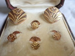C1900 Antique French Art Nouveau 18k Gold Cufflinks & Collar Studs Flowers