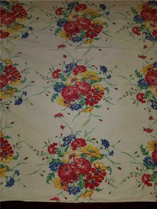 Vintage Shabby Farmhouse Cotton Tablecloth 62x54 Red Yellow Green Blue Flowers