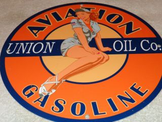 Vintage Union Aviation Pin Up Model 11 3/4 " Porcelain Metal Gasoline Oil Sign 2