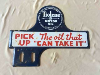 Old Tiolene Motor Oil Painted Metal Advertising License Plate Topper Pure Oil