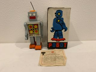 Vintage Russian Ussr Space Grey Robot Wind Up Mechanical Toy,  Box And Key