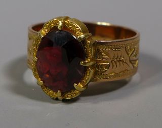 Antique 9ct Gold Garnet Ring Wide Engraved Shank Birmingham 1881 Uk Size 0,