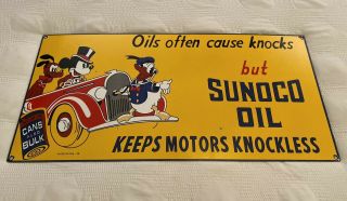 Vintage Sunoco Motor Oil Porcelain Sign Disney Mickey Mouse Gasoline Pump Plate