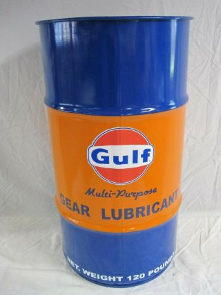 Vtg - Style 16 - Gal Oil Drum - Barrel For Gulf Gear Lube Trash Can/ Garage Decor