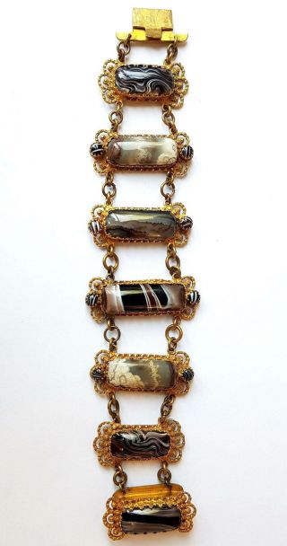 Antique Victorian Pinchbeck Gilt Metal Scottish Agate Bracelet
