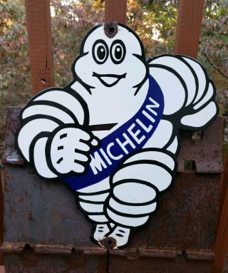 Vintage Old Michelin Man Tires Porcelain Enamel Sign Gas Fuel Station Repairs