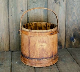 Antique Primitive Wooden Firkin Bucket W/ Lid Finger Banded