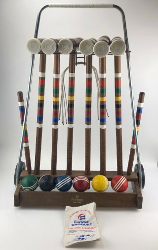 Vintage Forster Wood 6 Player Croquet Set W/ Rolling Stand Cart - - Complete -