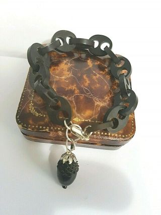 Antique Victorian Chain Bracelet With Carved Whitby Jet Acorn Charm Goth Mounur