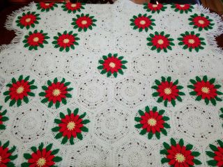 Vintage Afghan Throw Blanket Handmade Crochet Knit Christmas Poinsettia 60 " X48 "
