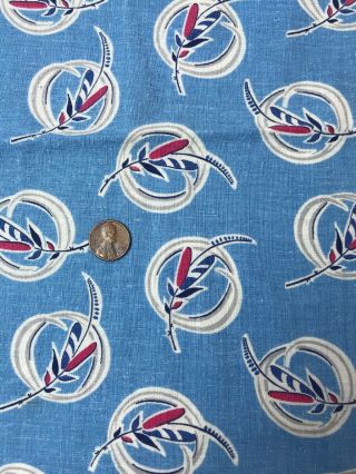 Vtg Feed Sack Cotton Fabric Remnant Blue Feather Pink Gray 25 X 41 "