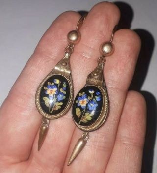 Antique,  Victorian Pinchbeck Porcelain Hand Painted Floral Hook Earrings C.  1860s