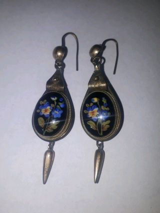 ANTIQUE,  VICTORIAN PINCHBECK PORCELAIN HAND PAINTED FLORAL HOOK EARRINGS C.  1860s 2