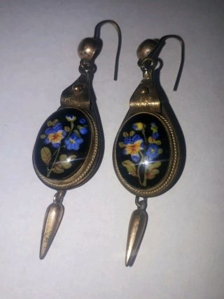 ANTIQUE,  VICTORIAN PINCHBECK PORCELAIN HAND PAINTED FLORAL HOOK EARRINGS C.  1860s 3