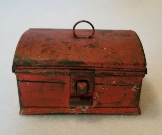 19th Century American Miniature Red Tole Ware Painted Tin Domed Document Box 2 " H
